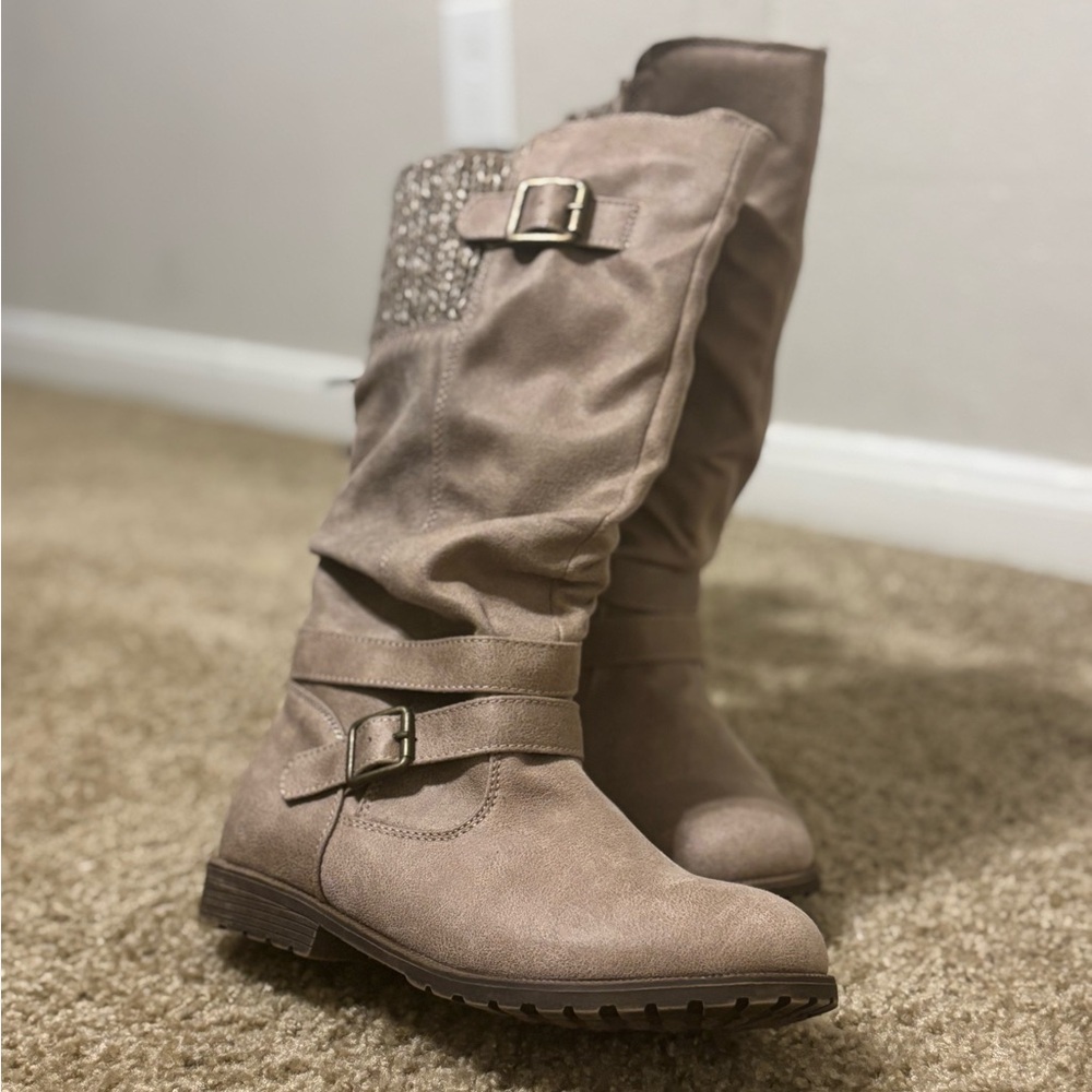 Women's Taupe Mid-Calf Buckle Boots